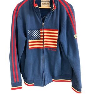 Men’s vintage Y2K rare L GUC some drains Mondetta Blue zip up with American Flag